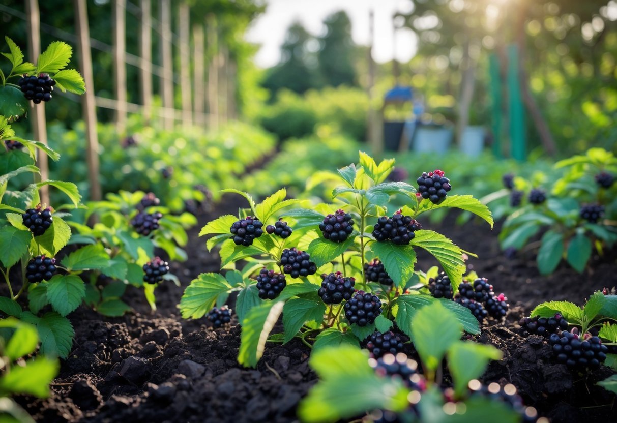19+ Garden Ideas for Growing Uncommon Fruits: Unique Varieties to Cultivate in Your US Backyard 16 A garden with rows of chokeberry bushes bearing ripe dark purple berries under natural sunlight.