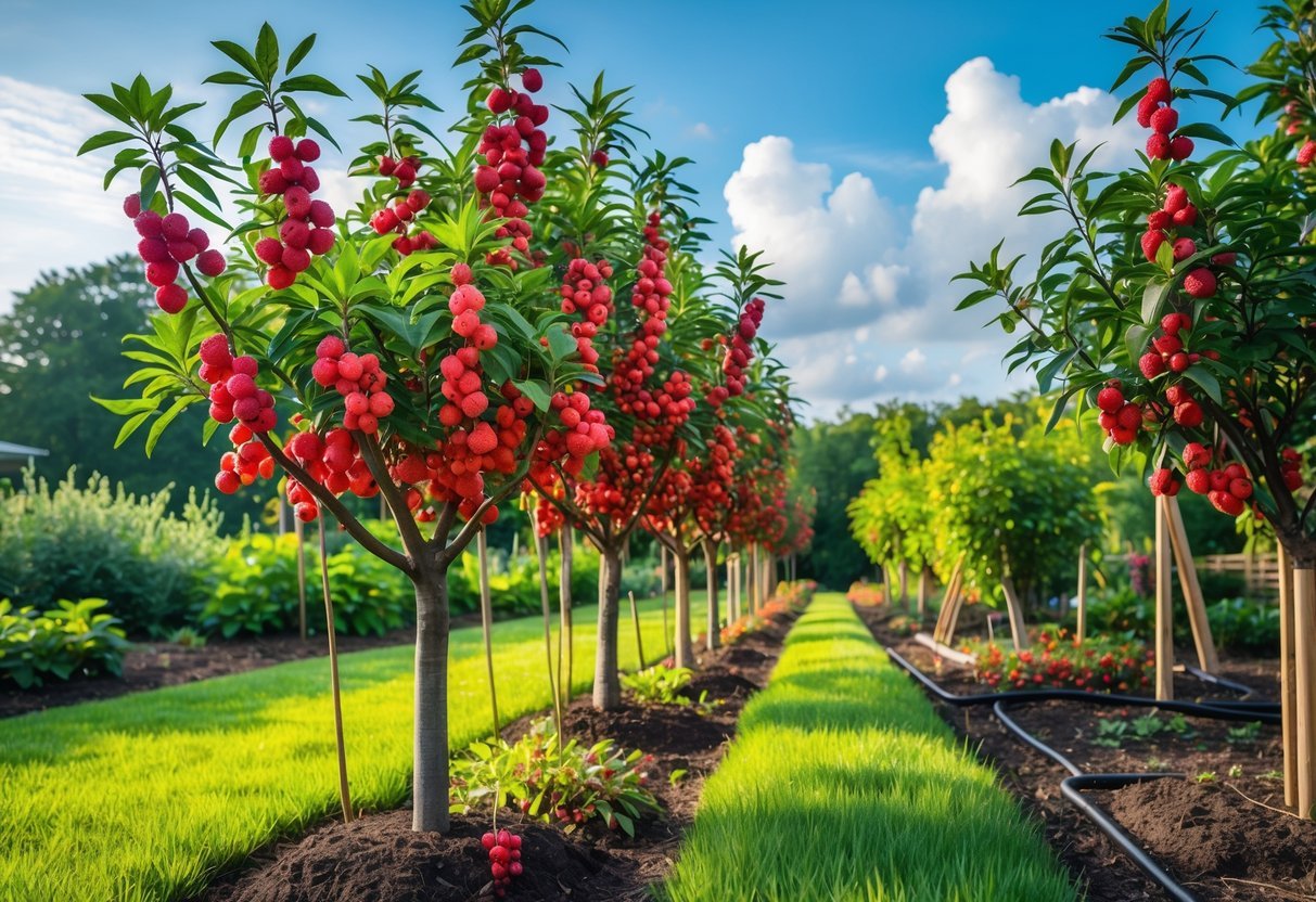 19+ Garden Ideas for Growing Uncommon Fruits: Unique Varieties to Cultivate in Your US Backyard 17 A garden with rows of Mayhaw trees bearing red berries under a clear blue sky.