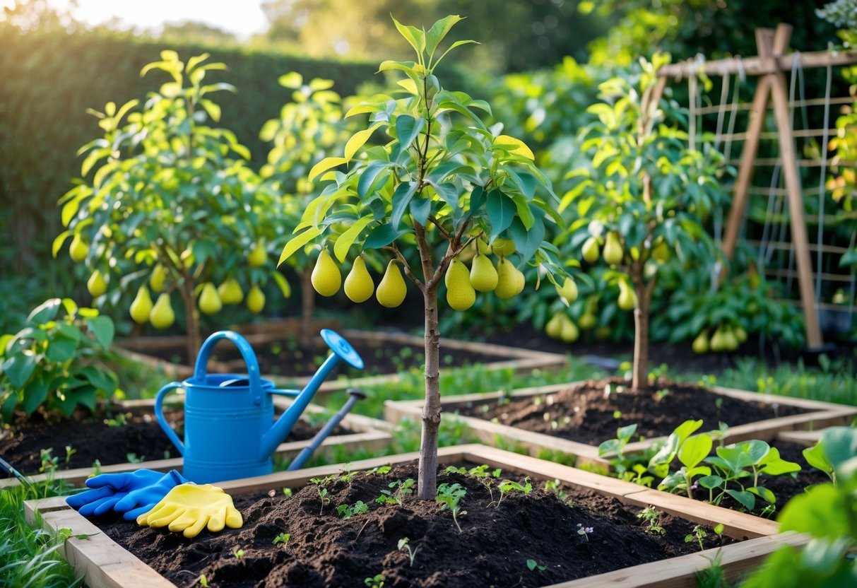 19+ Garden Ideas for Growing Uncommon Fruits: Unique Varieties to Cultivate in Your US Backyard 18 A garden with young Asian pear trees bearing small fruits, surrounded by gardening tools and other uncommon fruit plants.