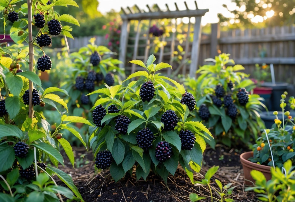 19+ Garden Ideas for Growing Uncommon Fruits: Unique Varieties to Cultivate in Your US Backyard 19 A garden with healthy serviceberry bushes bearing ripe dark purple berries surrounded by other uncommon fruit plants and gardening elements.