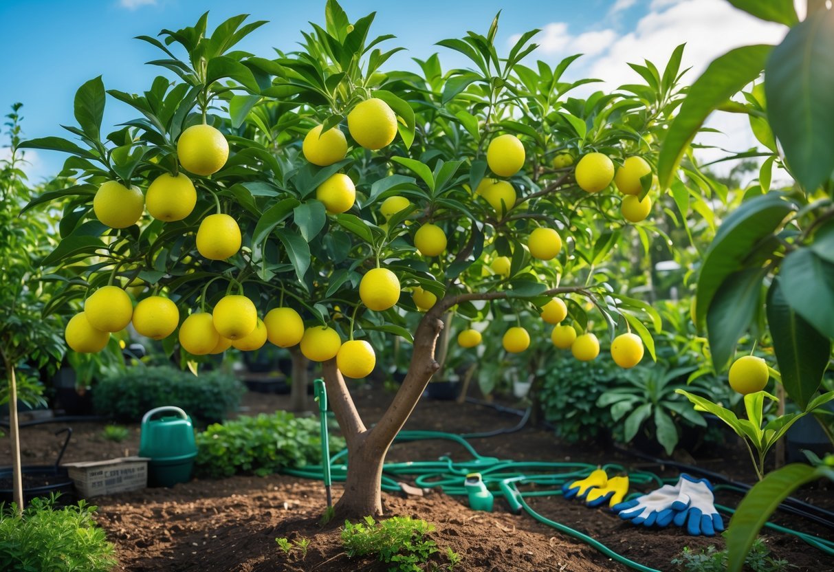 19+ Garden Ideas for Growing Uncommon Fruits: Unique Varieties to Cultivate in Your US Backyard 20 A yuzu citrus garden with healthy trees bearing yellow-green fruits, green leaves, and gardening tools nearby under a clear sky.