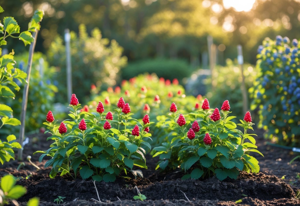 19+ Garden Ideas for Growing Uncommon Fruits: Unique Varieties to Cultivate in Your US Backyard 21 A garden with rows of lingonberry plants bearing red berries surrounded by other uncommon fruit bushes under sunlight.