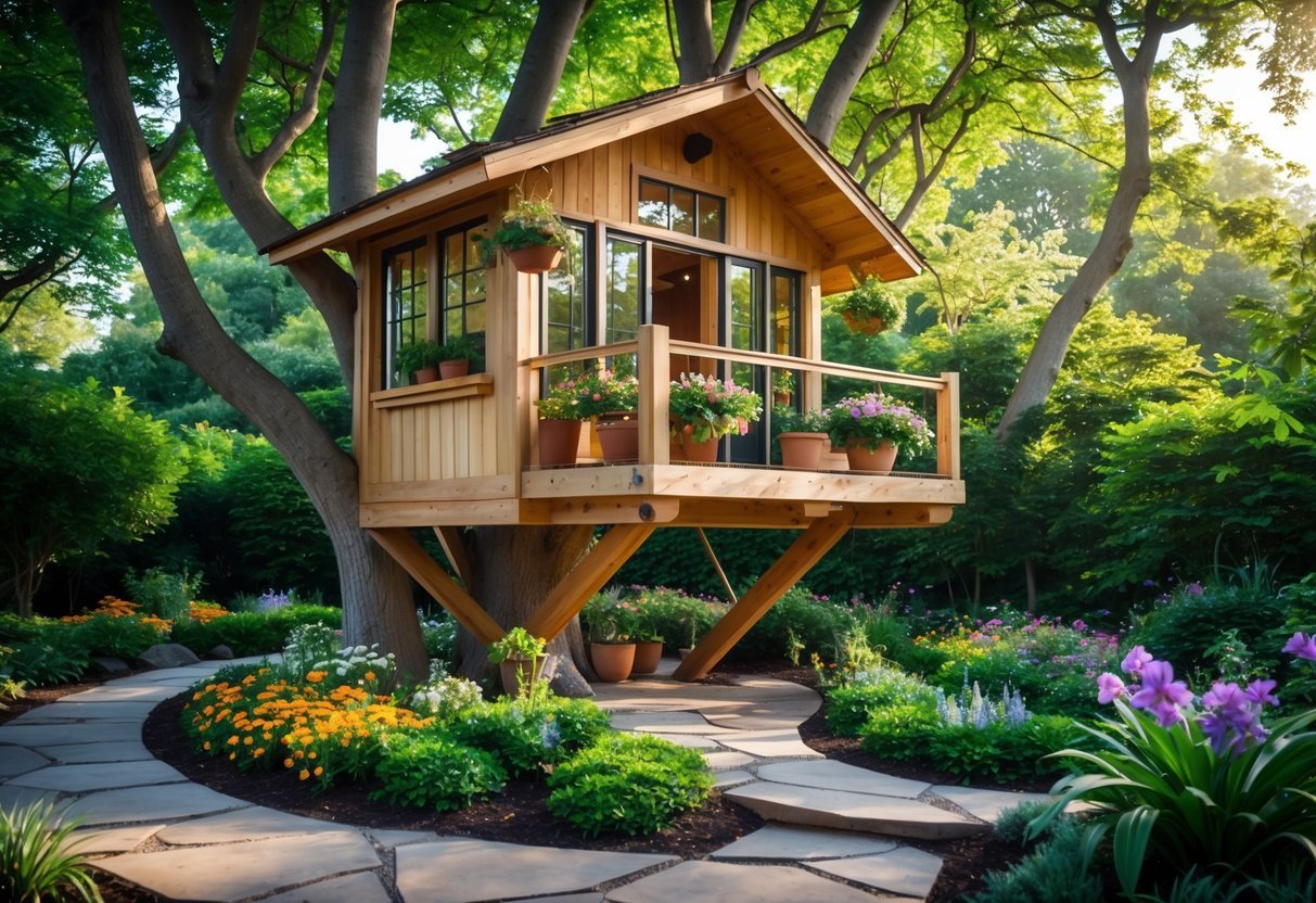 19+ Treehouse Garden Ideas to Transform Your Backyard Oasis in the US 2 A wooden treehouse surrounded by green trees and a colorful garden with flowers and stone pathways.
