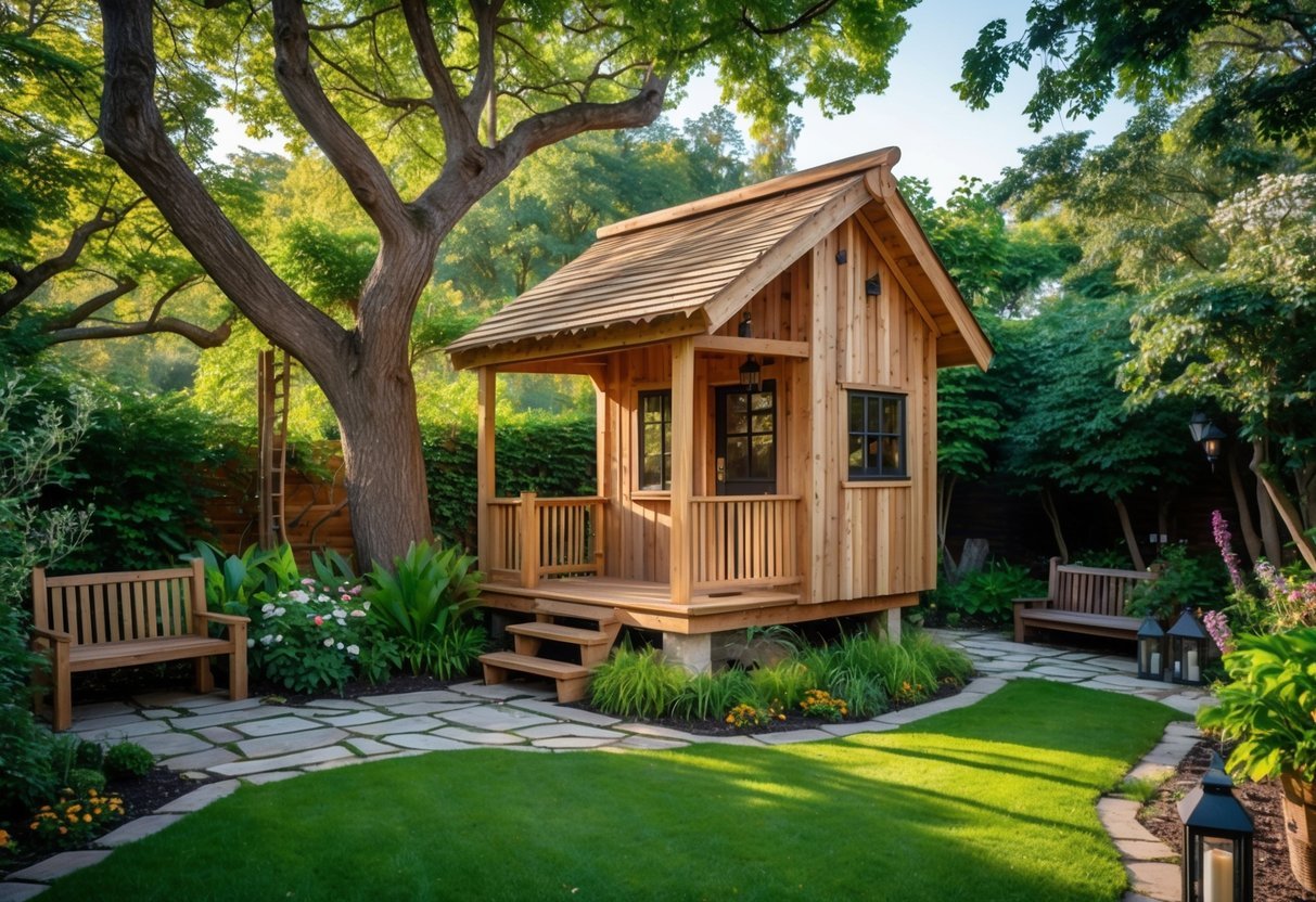 19+ Treehouse Garden Ideas to Transform Your Backyard Oasis in the US 3 A rustic wooden treehouse surrounded by green plants and colorful flowers in a garden.