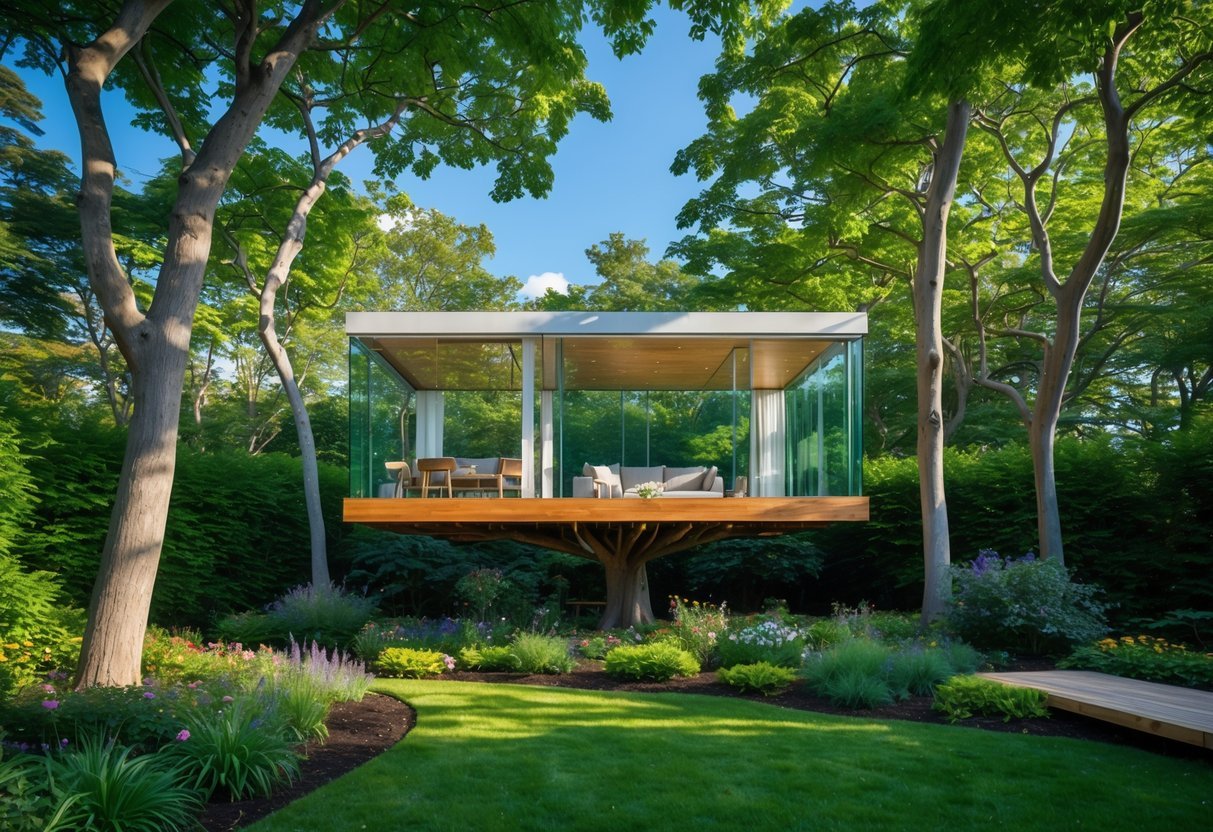 19+ Treehouse Garden Ideas to Transform Your Backyard Oasis in the US 4 A modern glass treehouse surrounded by green trees and a colorful garden with flowers and grass.
