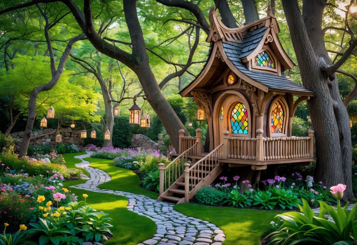 19+ Treehouse Garden Ideas to Transform Your Backyard Oasis in the US 5 A fairy tale-themed treehouse surrounded by trees, flowers, and garden pathways in a peaceful outdoor setting.