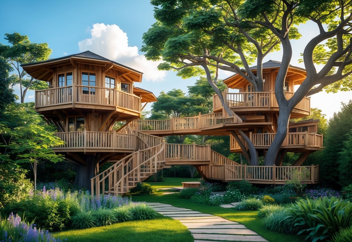 19+ Treehouse Garden Ideas to Transform Your Backyard Oasis in the US 6 A multi-level treehouse connected by rope bridges surrounded by trees and garden plants.