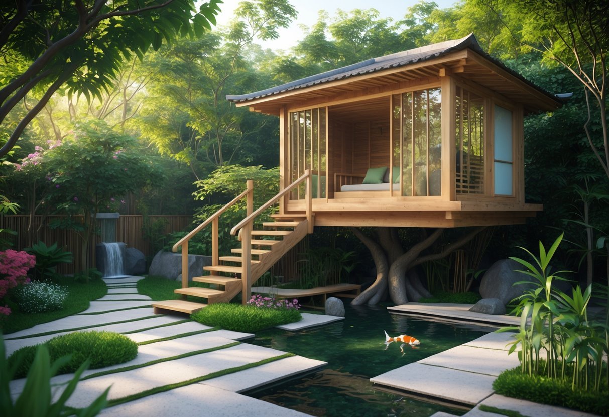 19+ Treehouse Garden Ideas to Transform Your Backyard Oasis in the US 7 A wooden treehouse surrounded by a lush garden with stone paths, bamboo, and water features, bathed in soft sunlight.