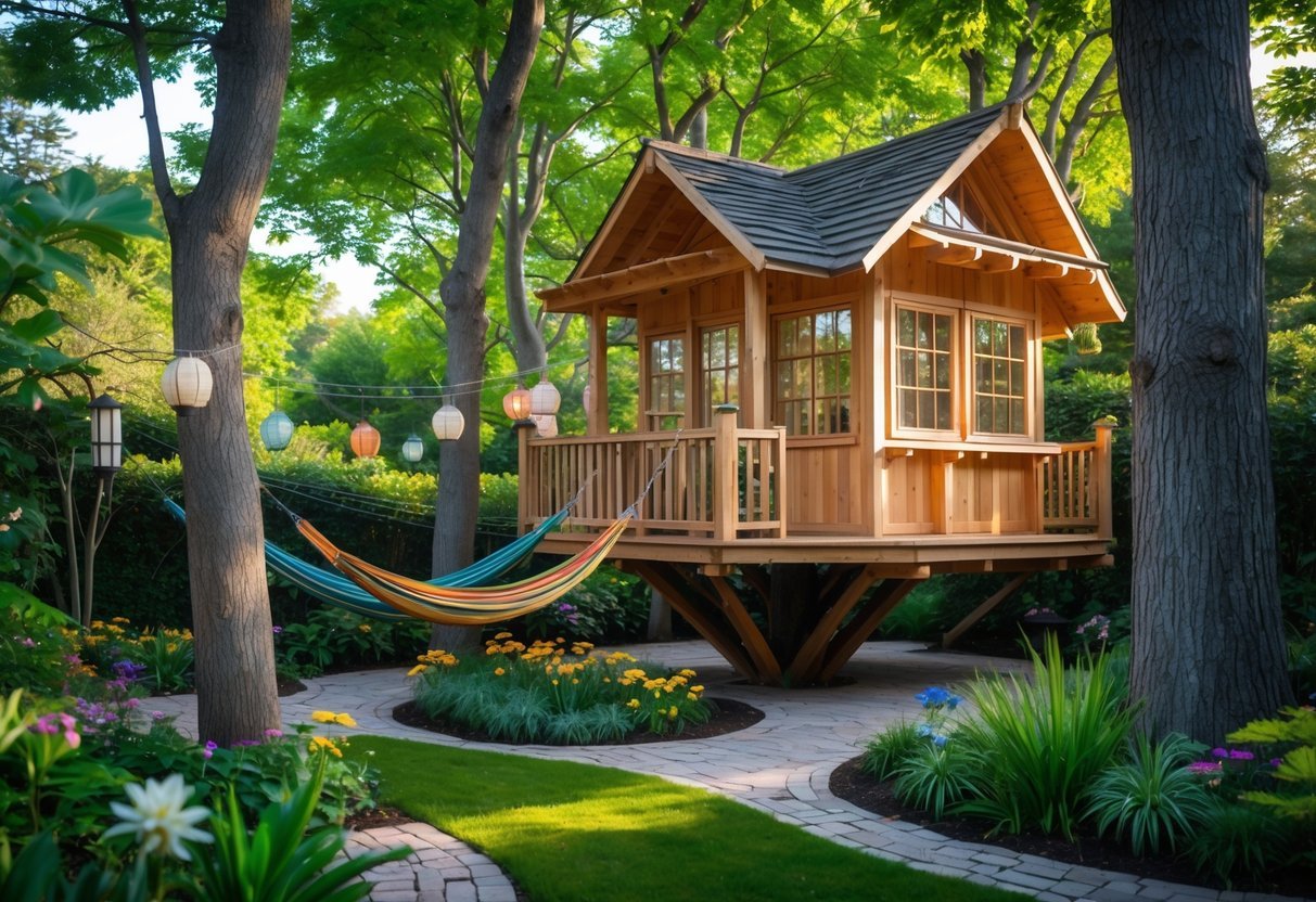 19+ Treehouse Garden Ideas to Transform Your Backyard Oasis in the US 8 A wooden treehouse surrounded by green trees and colorful hammocks hanging between branches in a peaceful garden.