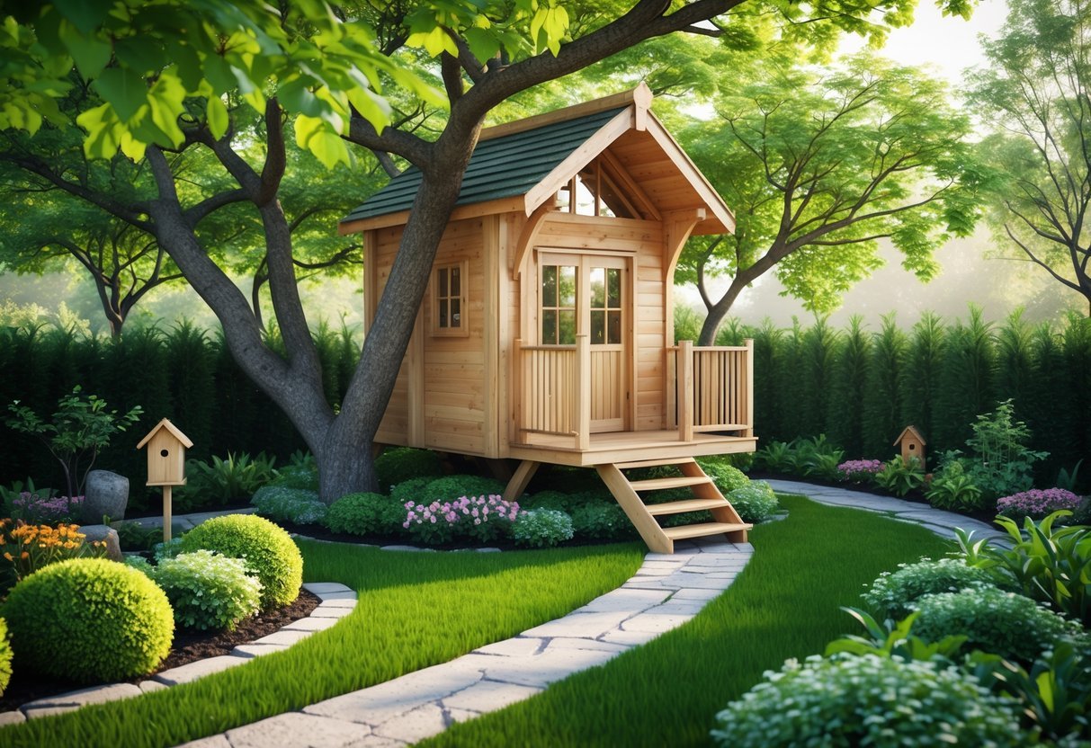 19+ Treehouse Garden Ideas to Transform Your Backyard Oasis in the US 9 A small wooden treehouse surrounded by green trees and flowering plants in a garden.