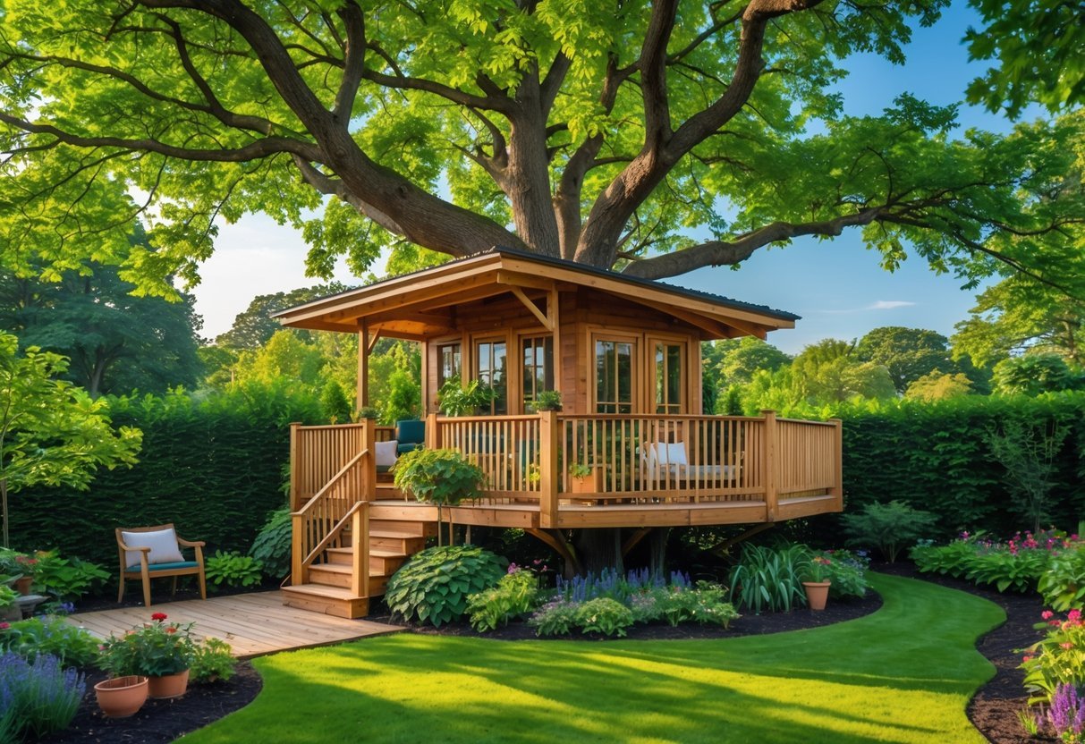 19+ Treehouse Garden Ideas to Transform Your Backyard Oasis in the US 10 A treehouse with a wraparound wooden deck surrounded by trees and a colorful garden.
