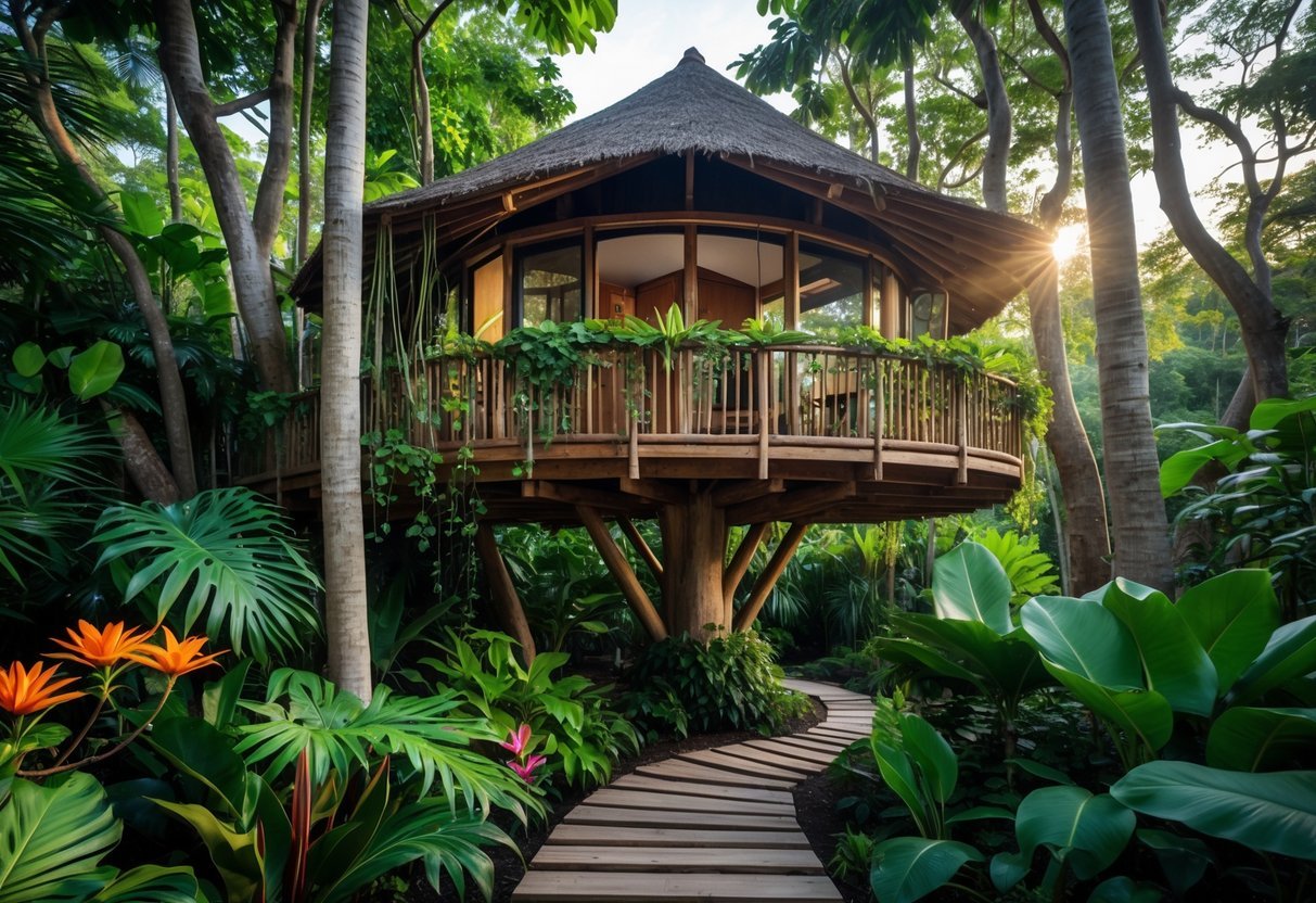 19+ Treehouse Garden Ideas to Transform Your Backyard Oasis in the US 11 A treehouse nestled among tall trees with surrounding tropical plants and flowers in a garden setting.