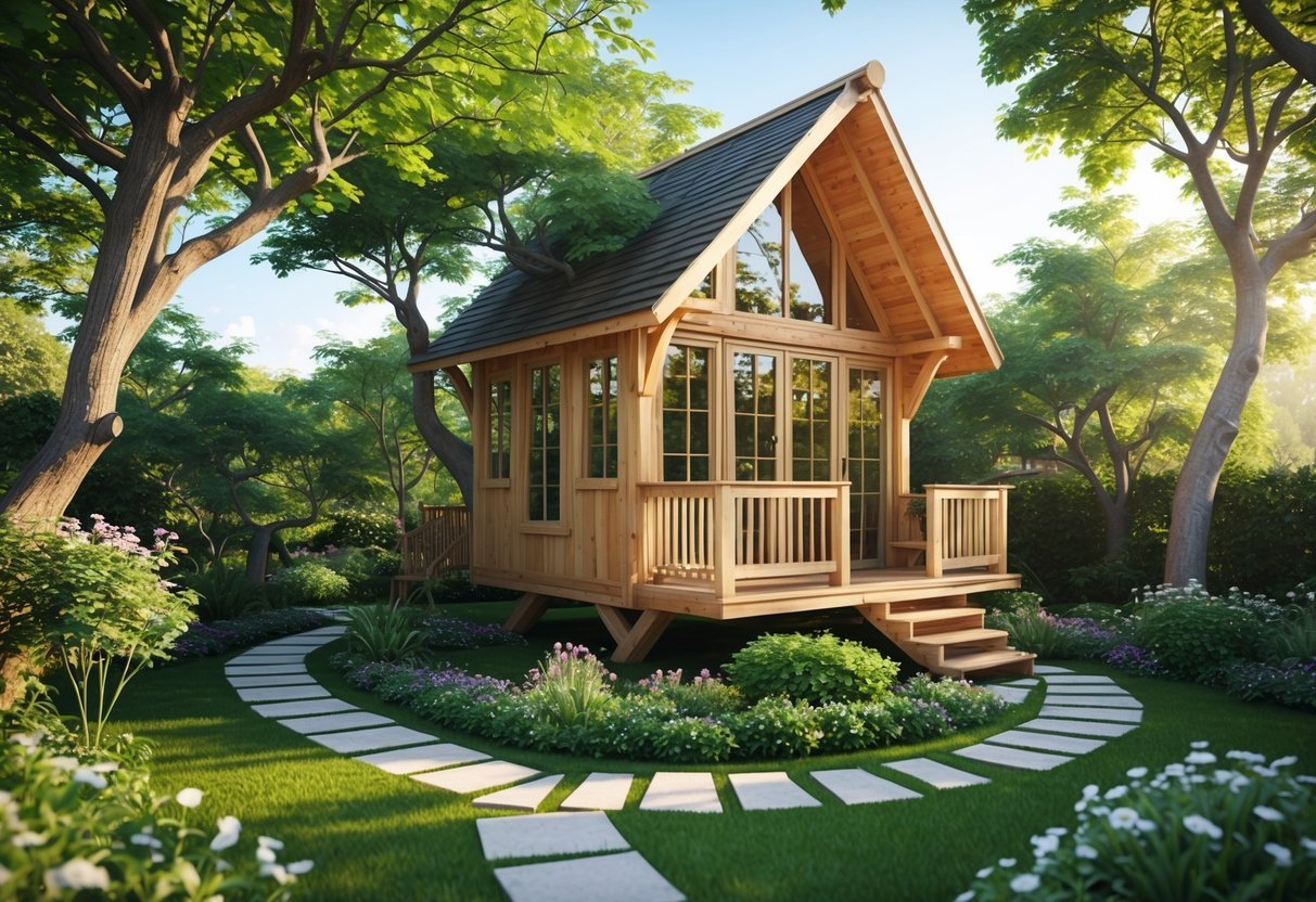 19+ Treehouse Garden Ideas to Transform Your Backyard Oasis in the US 12 An A-frame treehouse surrounded by green trees and flowering plants in a garden.