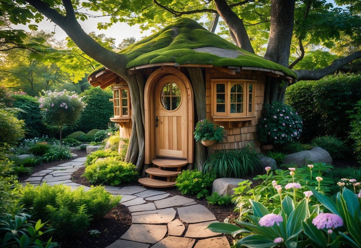 19+ Treehouse Garden Ideas to Transform Your Backyard Oasis in the US 13 A small wooden treehouse surrounded by green plants and flowers in a garden.