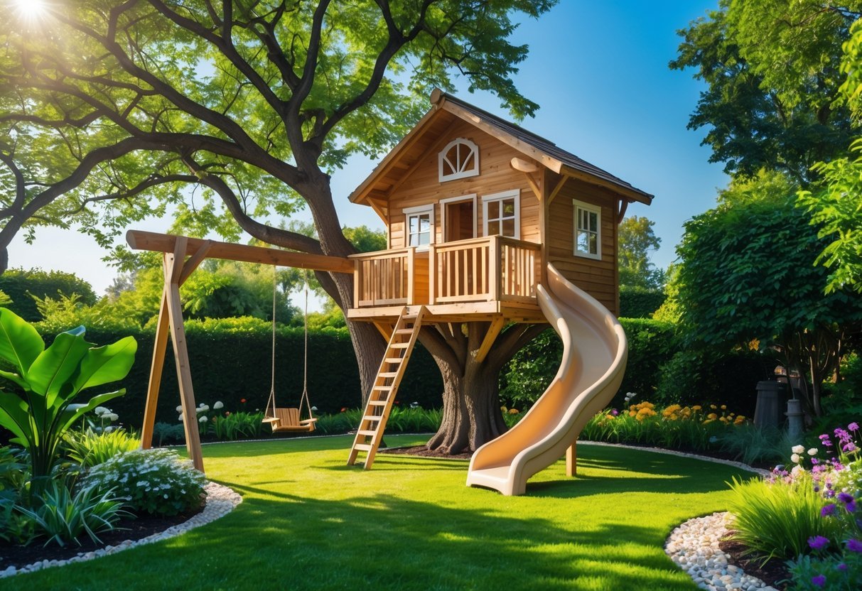 19+ Treehouse Garden Ideas to Transform Your Backyard Oasis in the US 14 A wooden treehouse in a garden with a built-in swing and slide surrounded by trees and plants.