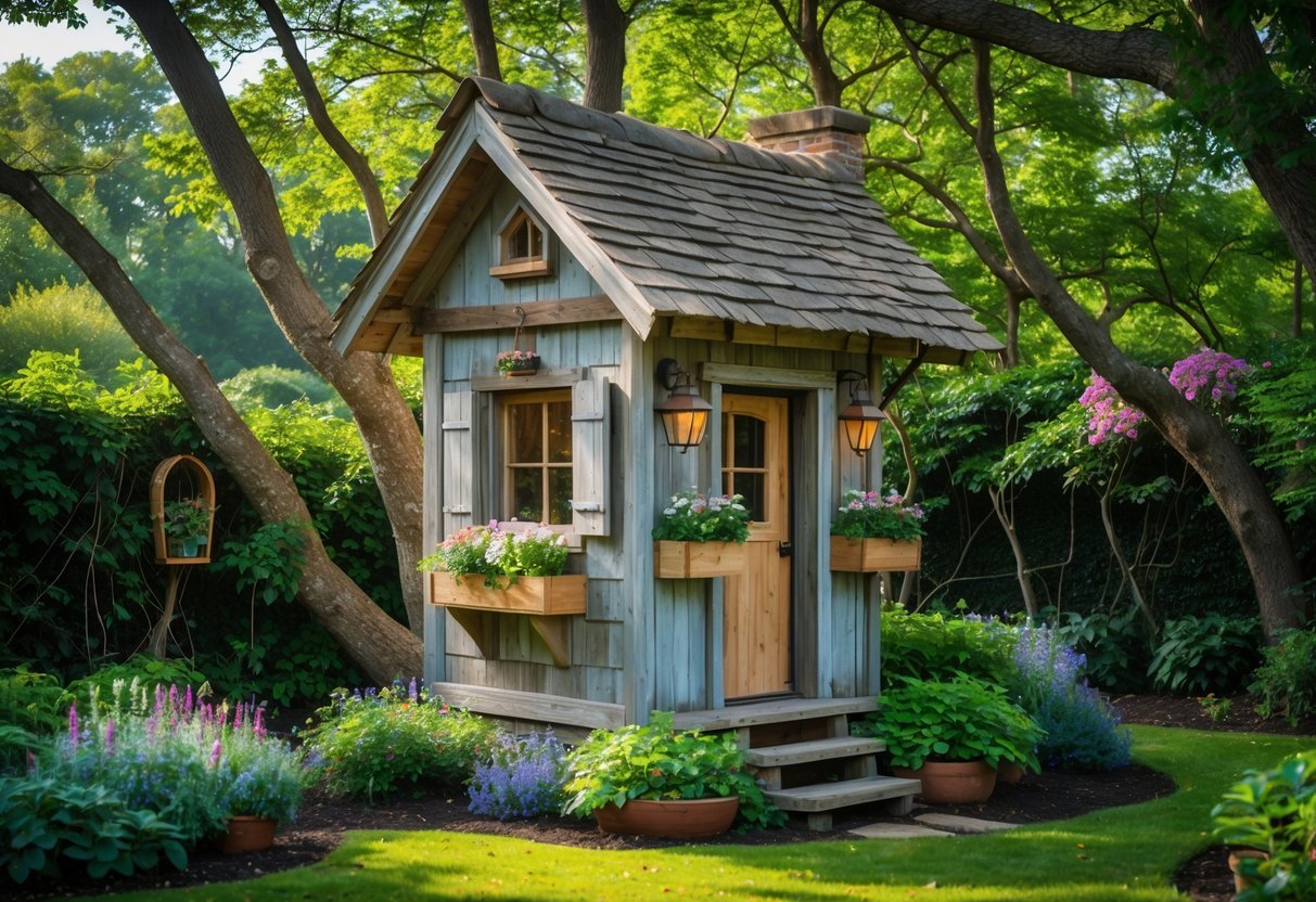 19+ Treehouse Garden Ideas to Transform Your Backyard Oasis in the US 15 A vintage wooden treehouse surrounded by green trees and a colorful garden with flowers and vines.