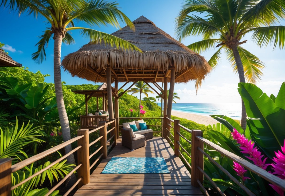 19+ Treehouse Garden Ideas to Transform Your Backyard Oasis in the US 16 A tropical treehouse nestled among palm trees and tropical plants near a beach with clear blue sky and ocean in the background.