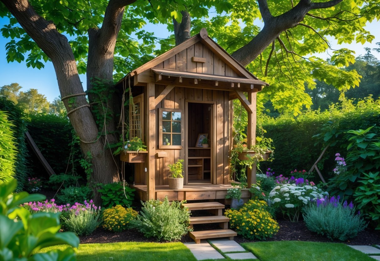 19+ Treehouse Garden Ideas to Transform Your Backyard Oasis in the US 17 A wooden treehouse surrounded by green trees and colorful flowers with a hidden secret hideout door in a garden.