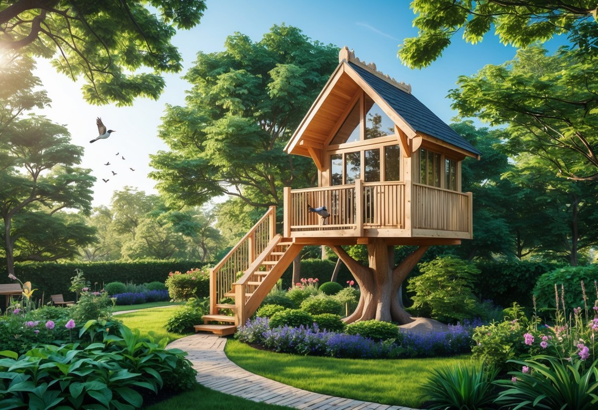 19+ Treehouse Garden Ideas to Transform Your Backyard Oasis in the US 18 A wooden birdwatching treehouse surrounded by green trees and colorful plants in a garden, with birds nearby.