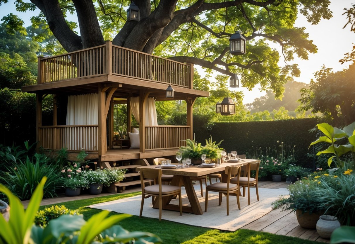 19+ Treehouse Garden Ideas to Transform Your Backyard Oasis in the US 19 An outdoor dining treehouse surrounded by greenery with a wooden table and chairs set for a meal.