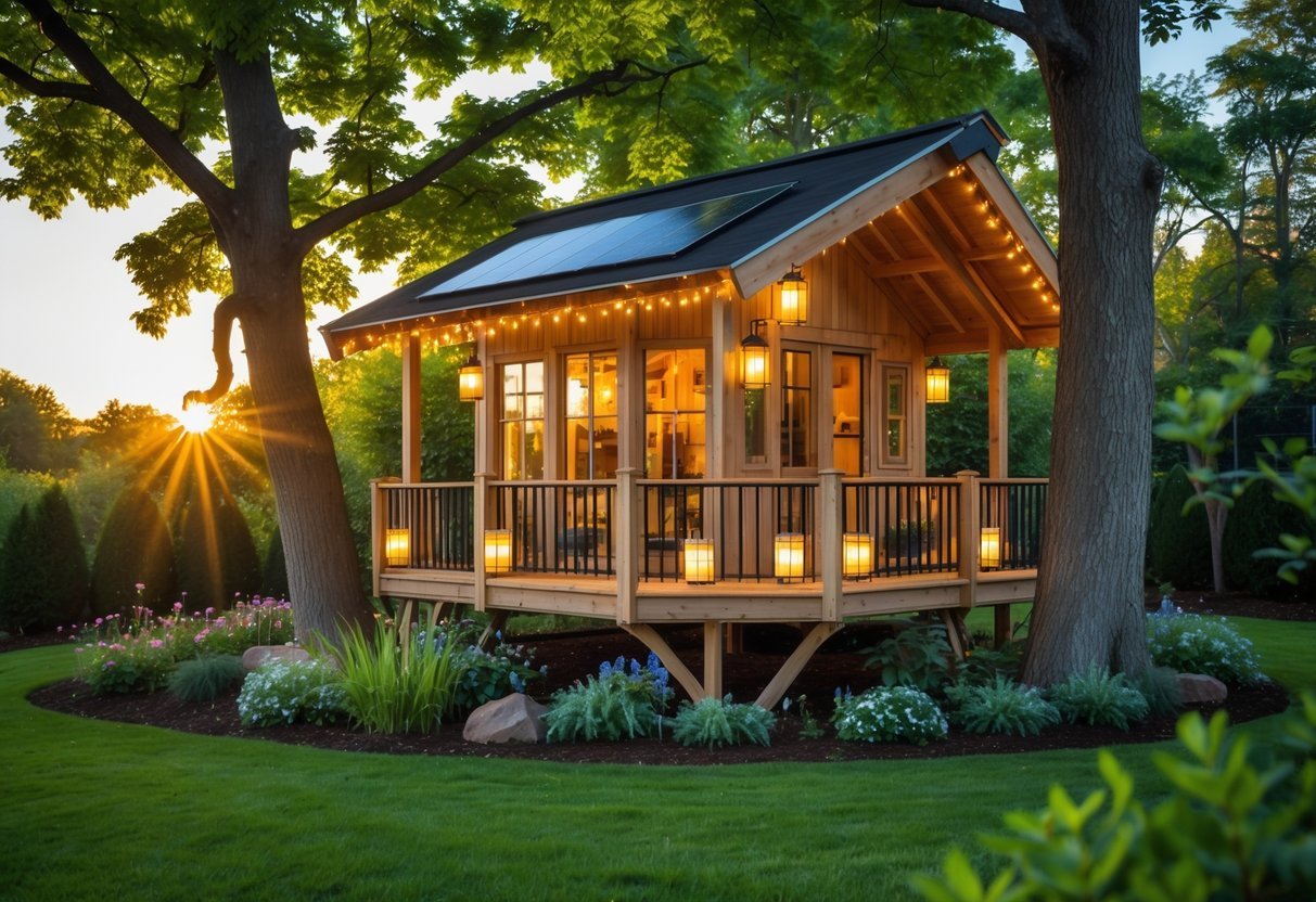 19+ Treehouse Garden Ideas to Transform Your Backyard Oasis in the US 20 A wooden treehouse with solar-powered lights surrounded by green trees and plants in a garden.