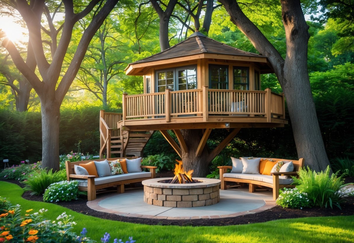 19+ Treehouse Garden Ideas to Transform Your Backyard Oasis in the US 21 A wooden treehouse in a garden with a built-in fire pit and seating surrounded by trees and plants.