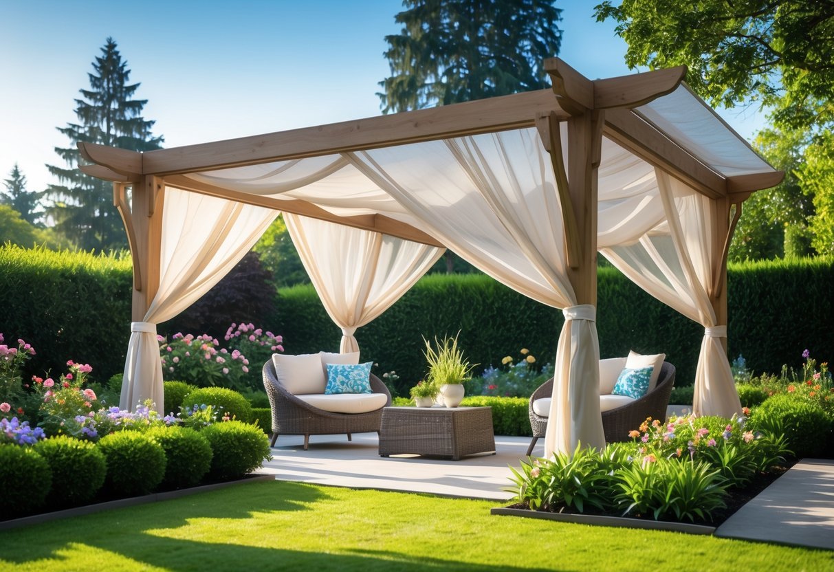 Garden Canopy Ideas: 12 Stylish Designs to Transform Your Outdoor Space in the US 2 A garden with a wooden canopy draped in light fabric, surrounded by flowers and greenery, with outdoor furniture underneath.