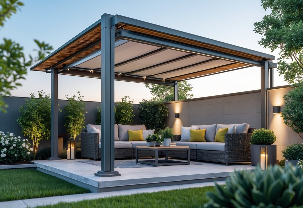 Garden Canopy Ideas: 12 Stylish Designs to Transform Your Outdoor Space in the US 3 Backyard with a retractable pergola canopy partially extended over an outdoor seating area surrounded by plants and greenery.