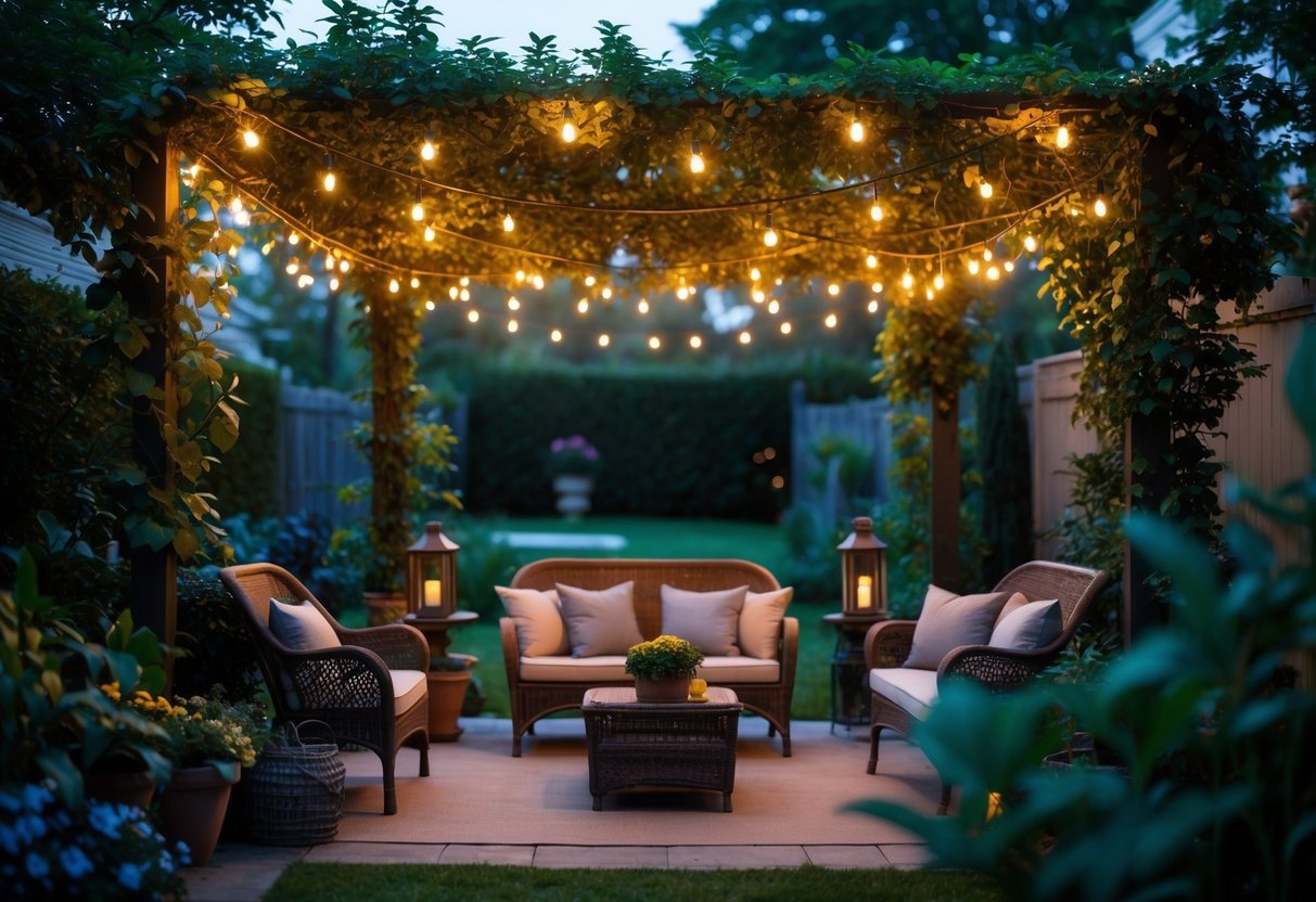 Garden Canopy Ideas: 12 Stylish Designs to Transform Your Outdoor Space in the US 4 An outdoor garden with hanging string lights forming a canopy over a seating area surrounded by plants and greenery.
