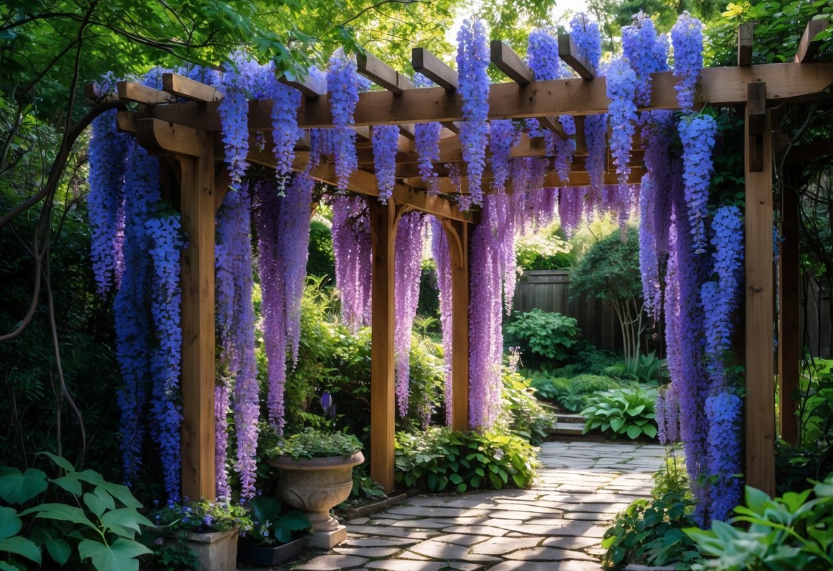 Garden Canopy Ideas: 12 Stylish Designs to Transform Your Outdoor Space in the US 5 A garden with a wooden trellis canopy covered in purple wisteria flowers over a stone pathway surrounded by green plants.