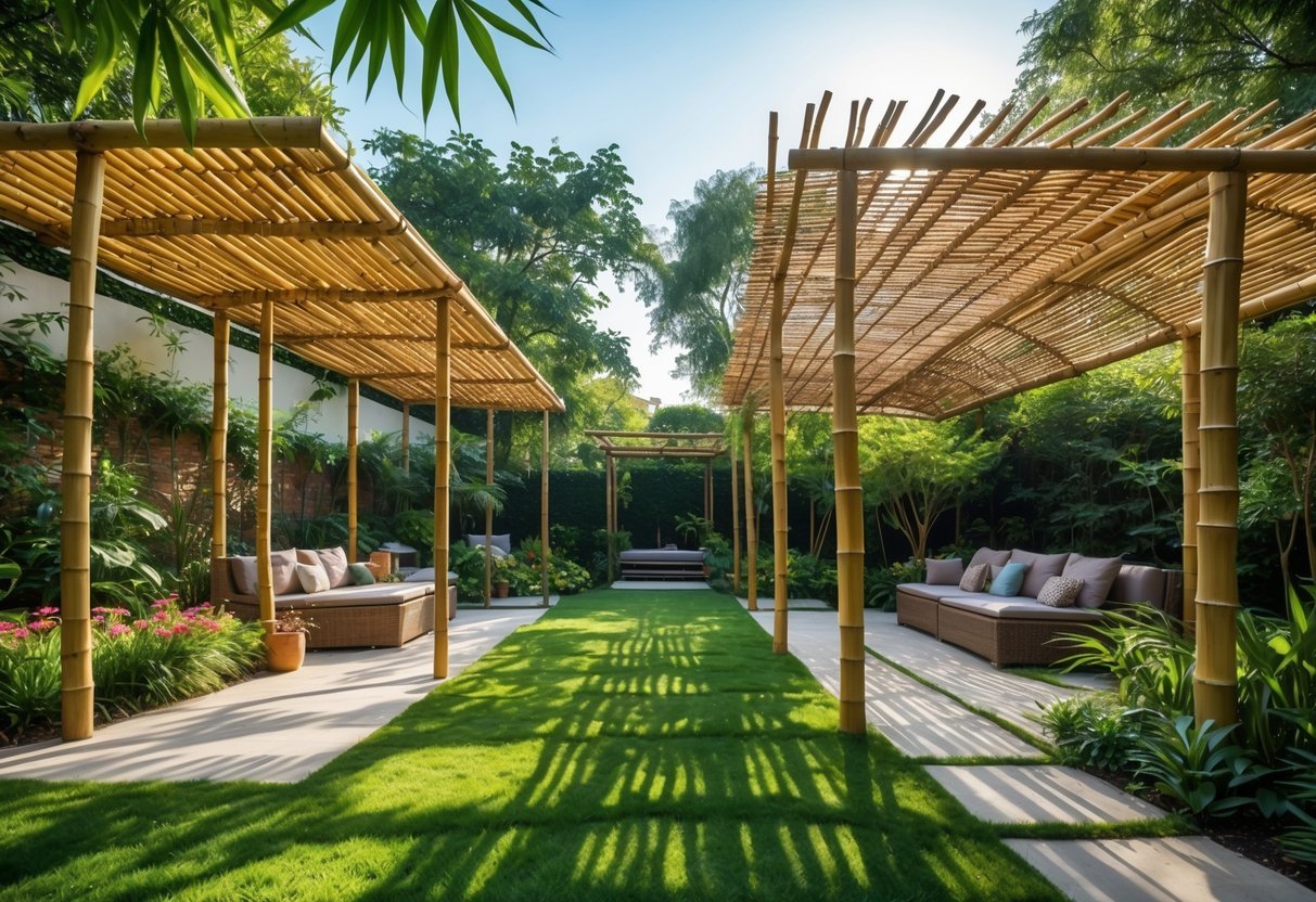 Garden Canopy Ideas: 12 Stylish Designs to Transform Your Outdoor Space in the US 6 A garden with four different bamboo shade structures providing shade over seating areas and pathways surrounded by green plants and grass.