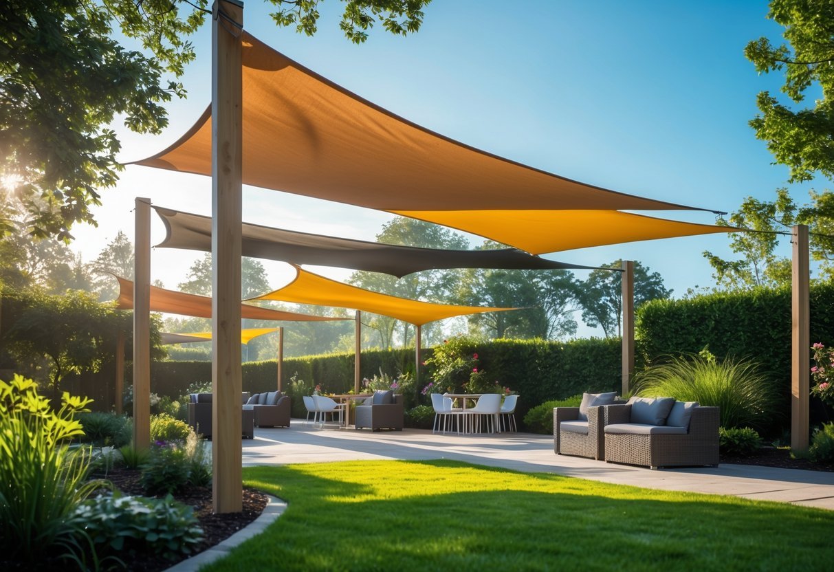 Garden Canopy Ideas: 12 Stylish Designs to Transform Your Outdoor Space in the US 7 Outdoor garden with colorful sail shade canopies providing shade over patio furniture and greenery.