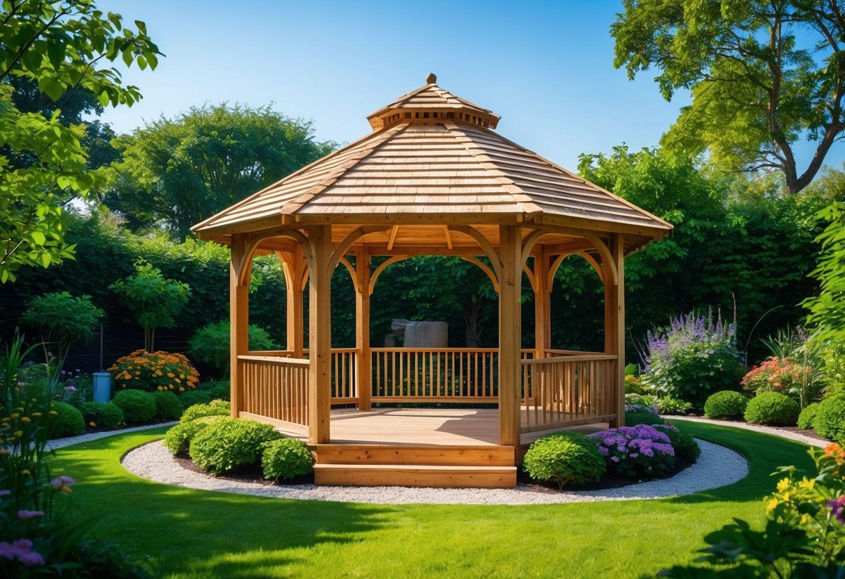 Garden Canopy Ideas: 12 Stylish Designs to Transform Your Outdoor Space in the US 8 A wooden gazebo in a garden surrounded by green plants and flowers under a clear blue sky.