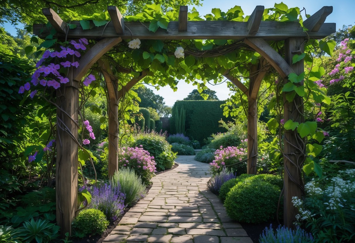 Garden Canopy Ideas: 12 Stylish Designs to Transform Your Outdoor Space in the US 9 A garden pathway under a wooden archway covered with green vines and colorful flowers, surrounded by plants and sunlight filtering through the leaves.