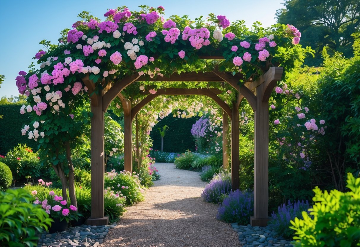 Garden Canopy Ideas: 12 Stylish Designs to Transform Your Outdoor Space in the US 12 A wooden garden arbor covered with colorful blooming flowers creating a shaded walkway surrounded by green plants and a stone path.