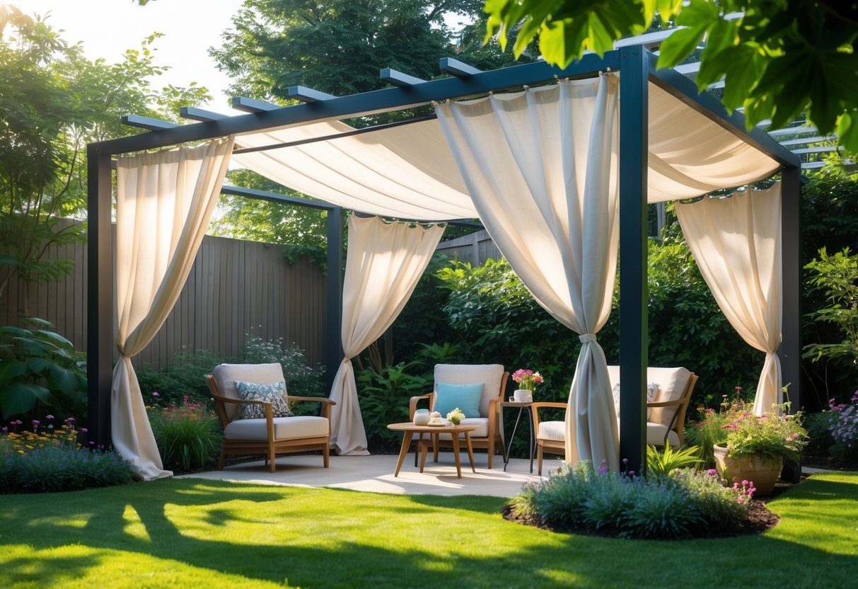 Garden Canopy Ideas: 12 Stylish Designs to Transform Your Outdoor Space in the US 13 An outdoor garden with a fabric canopy shading a seating area surrounded by plants and flowers.