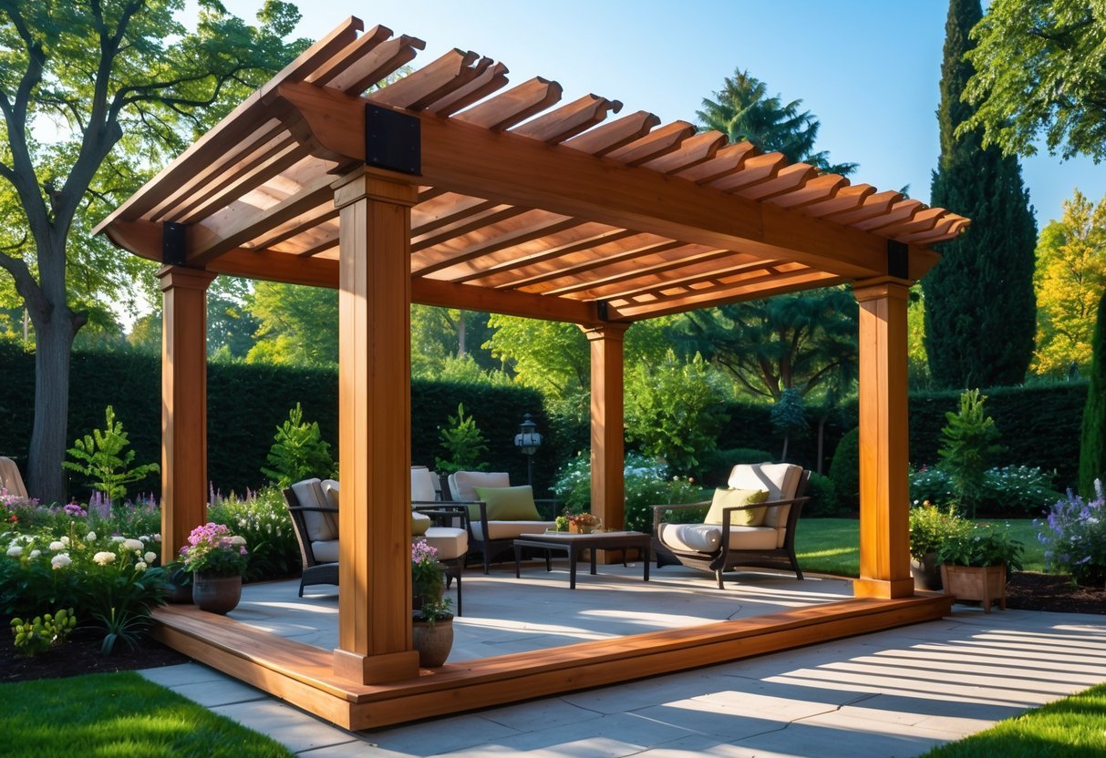 Garden Canopy Ideas: 12 Stylish Designs to Transform Your Outdoor Space in the US 14 An outdoor garden with a cedar-wood shade pavilion surrounded by plants and outdoor furniture under a sunny sky.