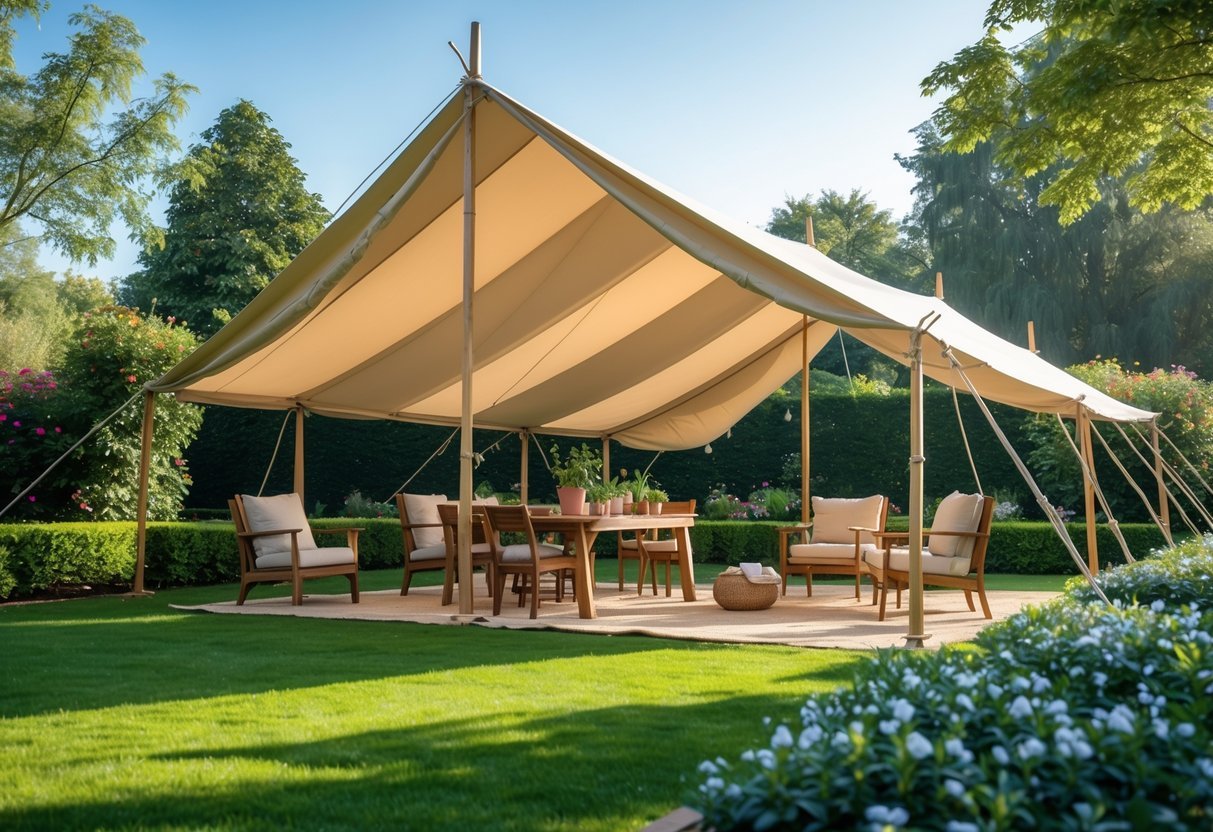 Garden Canopy Ideas: 12 Stylish Designs to Transform Your Outdoor Space in the US 15 A large canvas tent canopy set up in a green garden with outdoor furniture underneath and plants around.