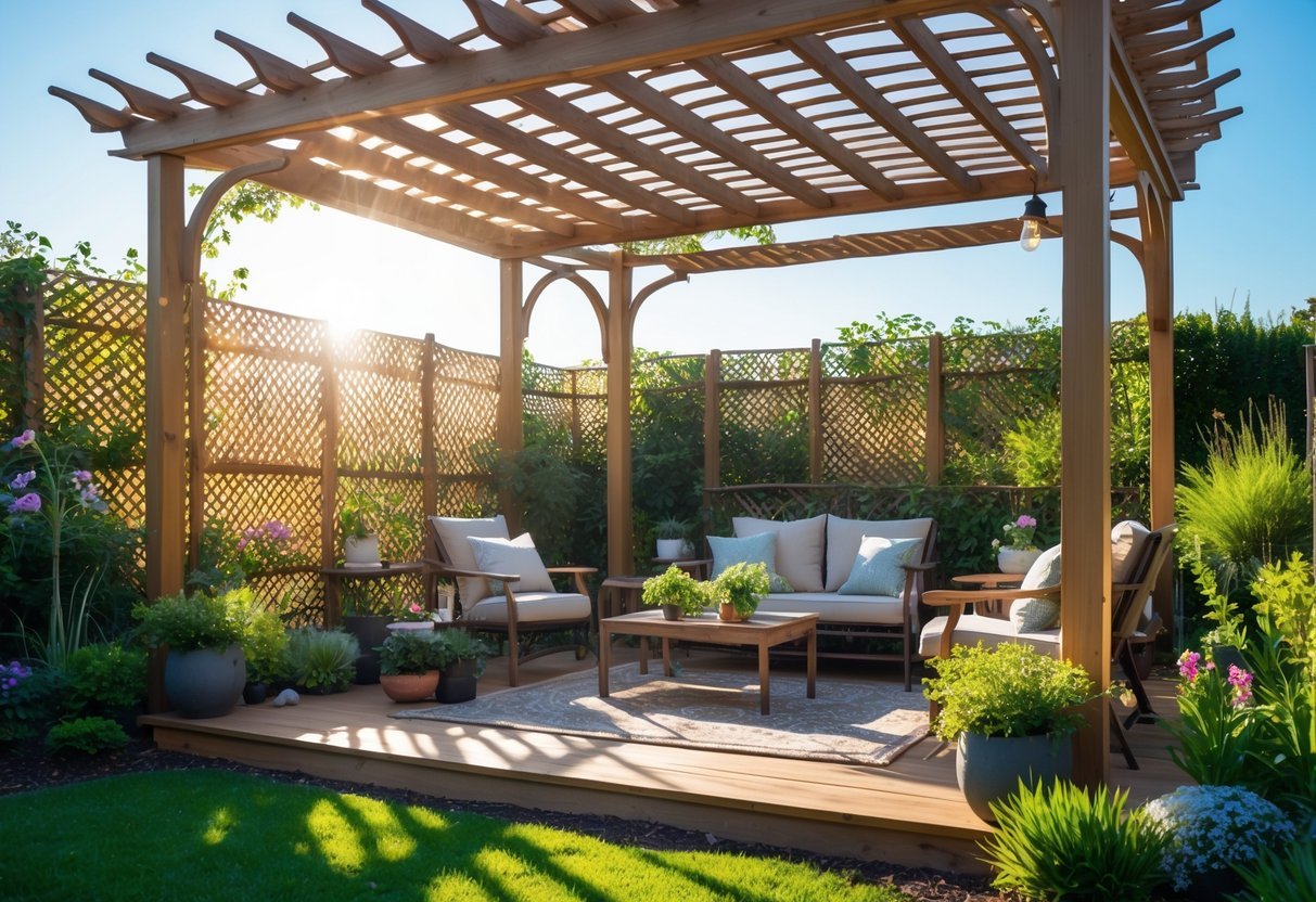 Garden Canopy Ideas: 12 Stylish Designs to Transform Your Outdoor Space in the US 17 A wooden latticework shade structure over a garden seating area surrounded by green plants and flowers on a sunny day.