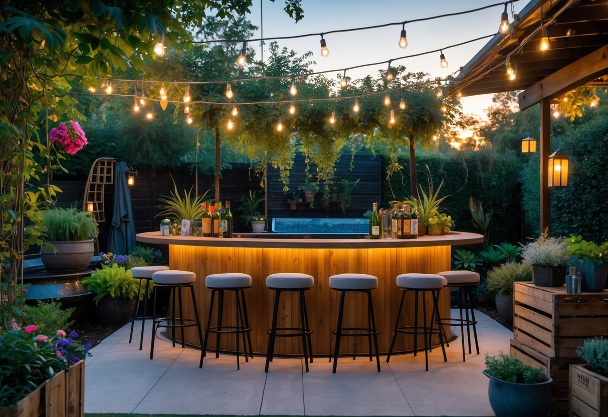 21+ Outdoor Bar Garden Ideas: Stylish Setups to Elevate Your Backyard Entertaining 2 An outdoor bar surrounded by plants and flowers with bar stools, string lights overhead, and a small water feature in the background.