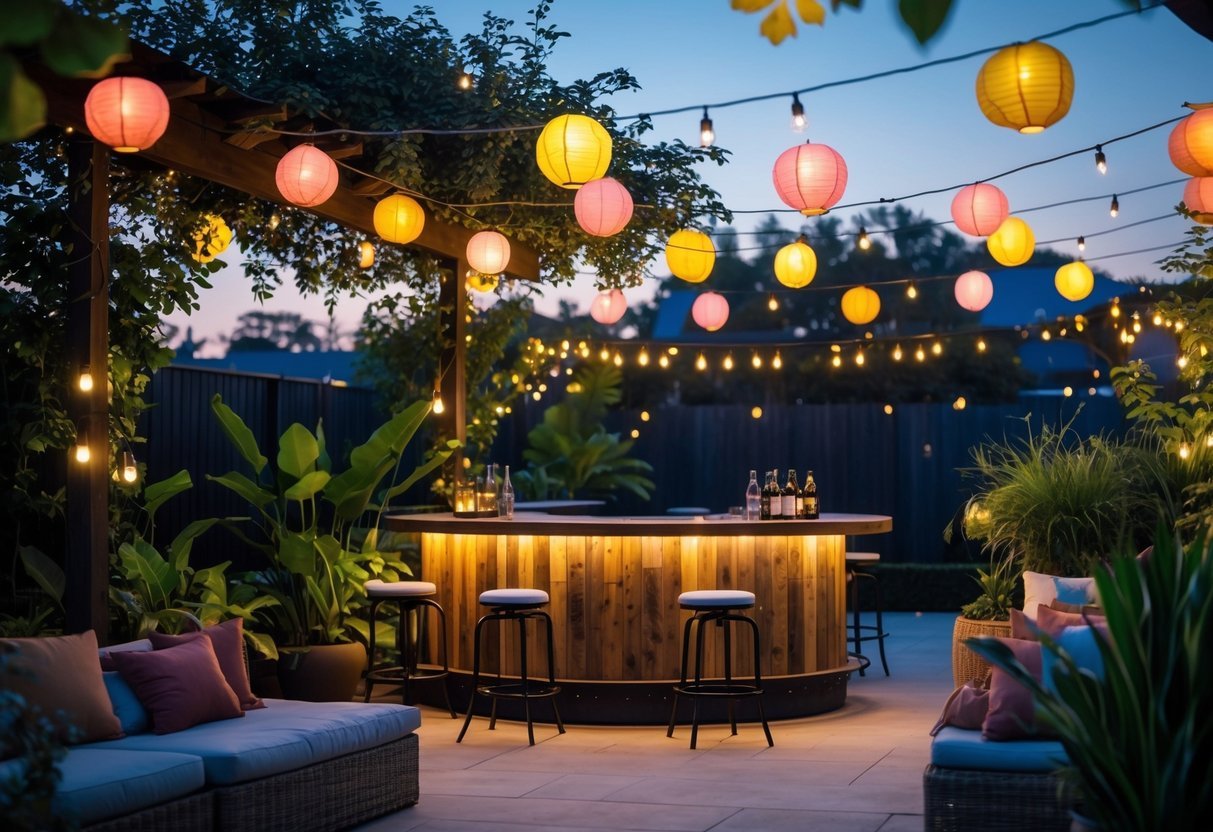 21+ Outdoor Bar Garden Ideas: Stylish Setups to Elevate Your Backyard Entertaining 3 Outdoor bar garden with string lights and lanterns hanging above a wooden bar surrounded by plants and seating.