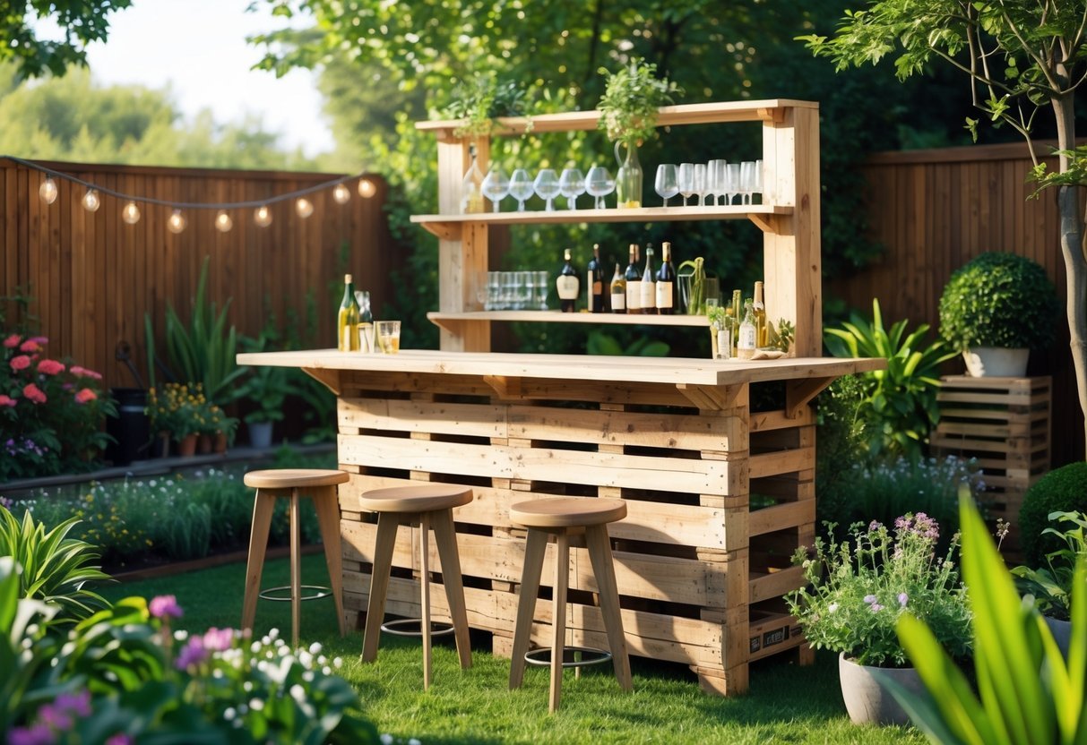 21+ Outdoor Bar Garden Ideas: Stylish Setups to Elevate Your Backyard Entertaining 4 Outdoor garden with a DIY pallet bar made of wooden pallets, surrounded by plants and bar stools.