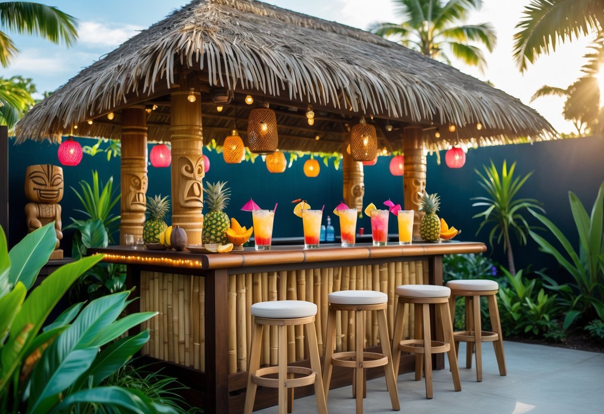 21+ Outdoor Bar Garden Ideas: Stylish Setups to Elevate Your Backyard Entertaining 5 Outdoor tropical tiki bar with thatched roof, bamboo counter, colorful decorations, fresh fruits, cocktails, and surrounding tropical plants in a garden.
