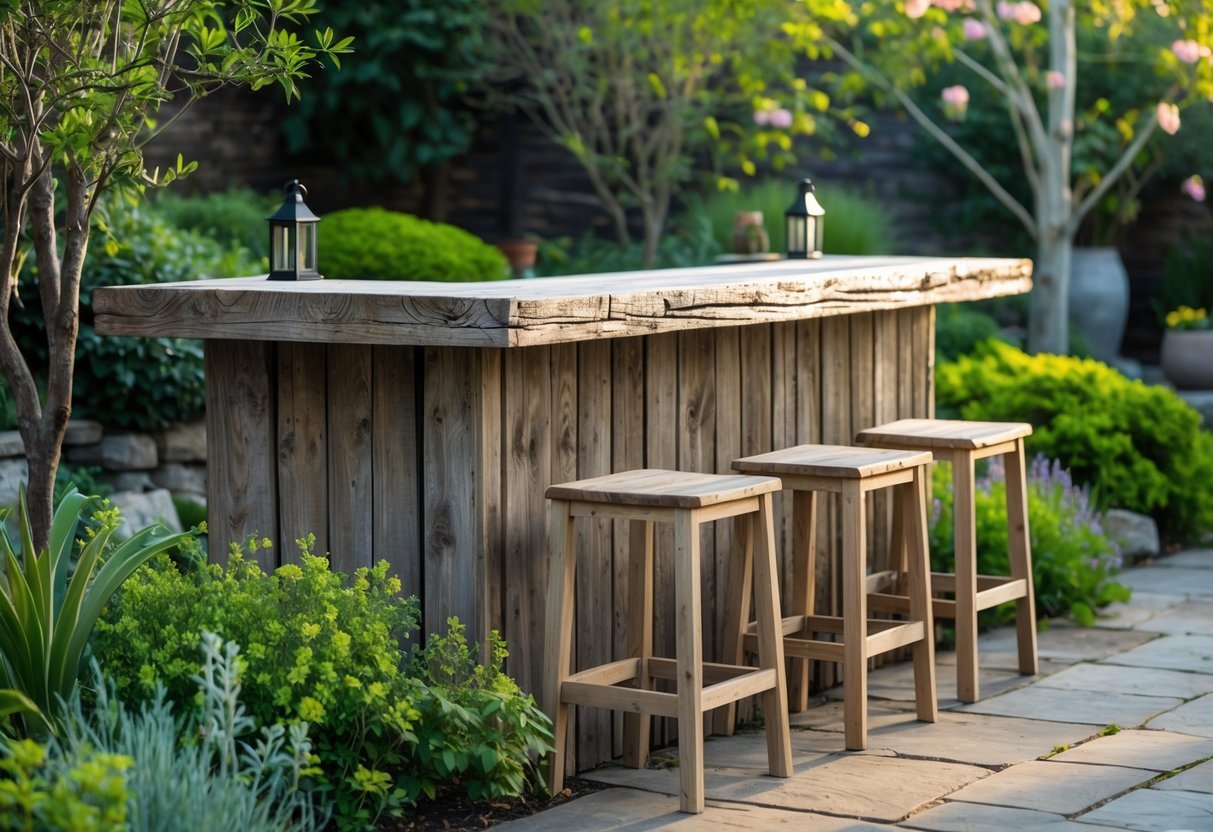 21+ Outdoor Bar Garden Ideas: Stylish Setups to Elevate Your Backyard Entertaining 6 Rustic wooden outdoor bar with stools surrounded by green plants and garden foliage.