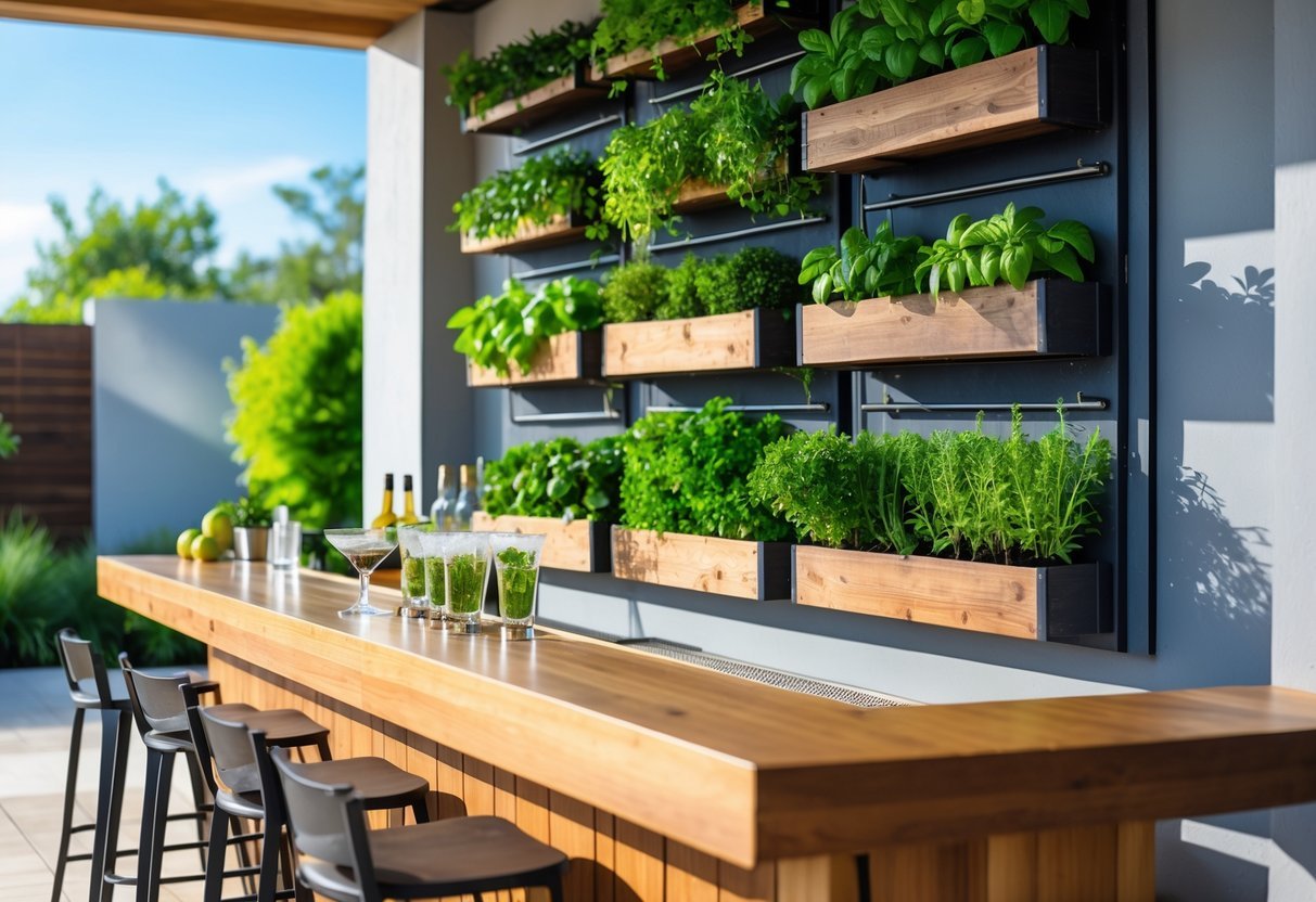 21+ Outdoor Bar Garden Ideas: Stylish Setups to Elevate Your Backyard Entertaining 7 Outdoor bar with a vertical herb garden full of fresh green herbs mounted on the wall behind the wooden bar counter with stools.