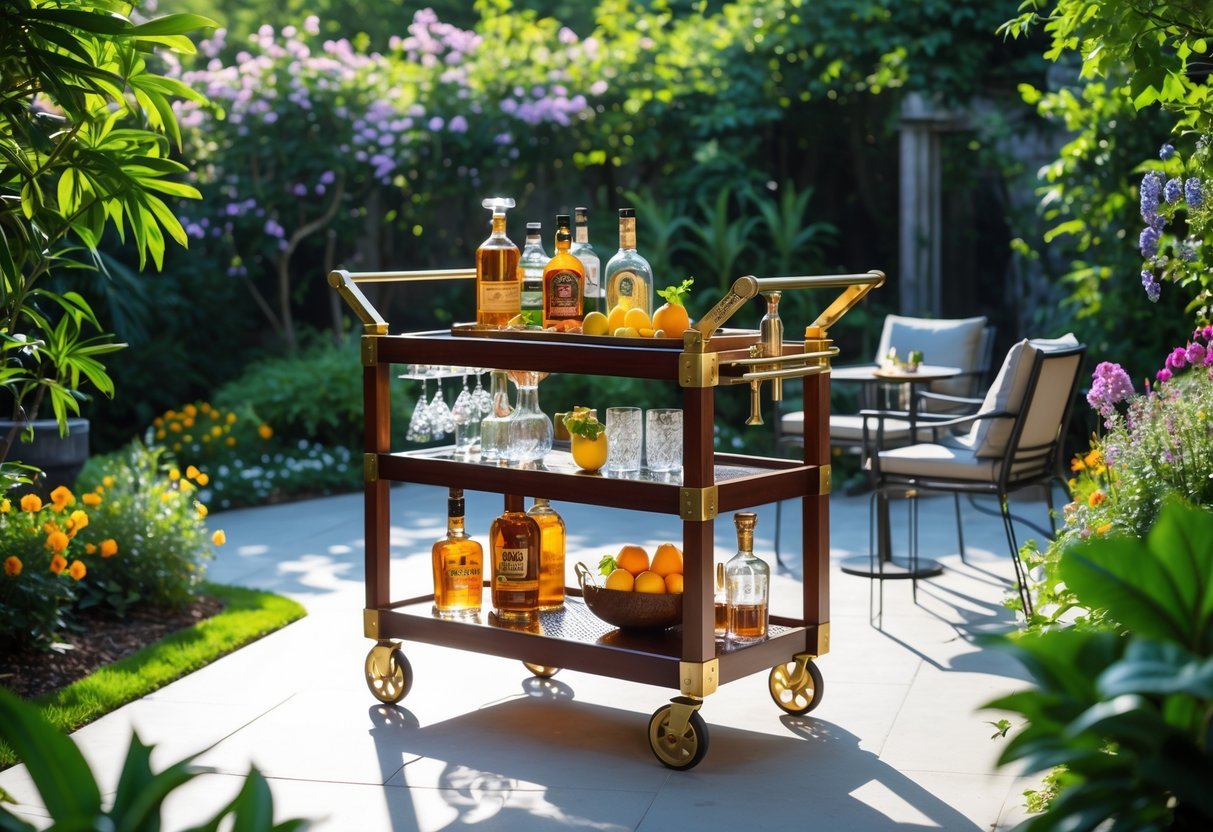 21+ Outdoor Bar Garden Ideas: Stylish Setups to Elevate Your Backyard Entertaining 8 Outdoor bar cart on wheels in a garden setting with bottles, glassware, and plants around.