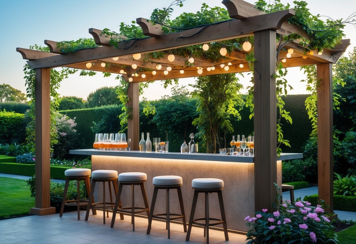 21+ Outdoor Bar Garden Ideas: Stylish Setups to Elevate Your Backyard Entertaining 9 Outdoor bar with a wooden pergola covered in vines, surrounded by garden plants and bar stools.