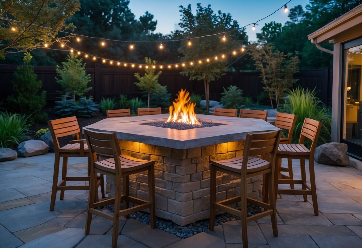 21+ Outdoor Bar Garden Ideas: Stylish Setups to Elevate Your Backyard Entertaining 10 Outdoor garden bar area with a fire pit built into the stone bar counter, surrounded by wooden stools and greenery.