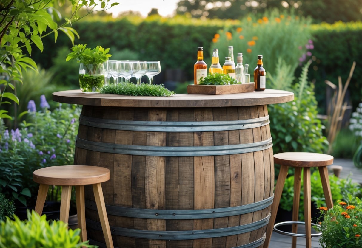 21+ Outdoor Bar Garden Ideas: Stylish Setups to Elevate Your Backyard Entertaining 11 Outdoor garden bar with a recycled wooden barrel used as a bar counter surrounded by plants and bar stools.