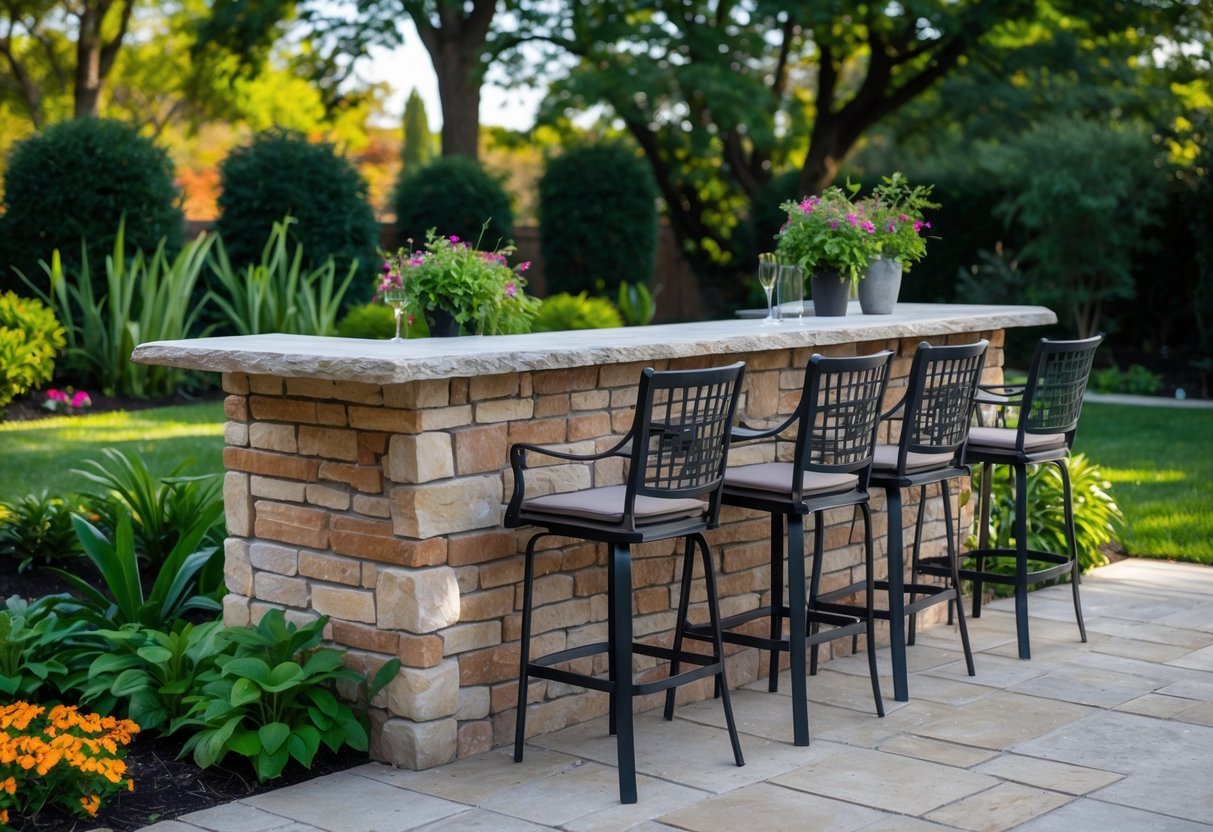 21+ Outdoor Bar Garden Ideas: Stylish Setups to Elevate Your Backyard Entertaining 12 An outdoor stone and brick bar in a garden with plants, bar stools, and a clear sky.